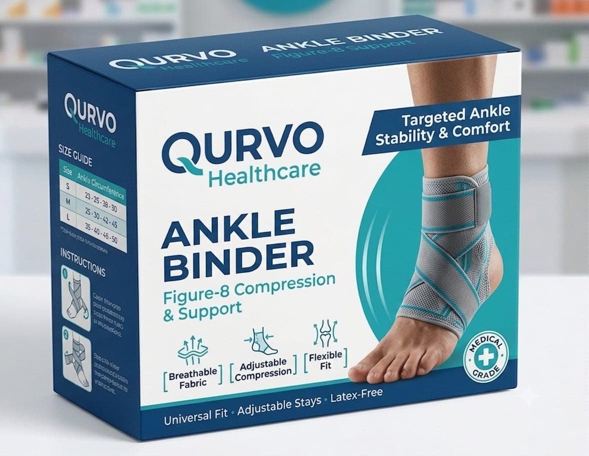 Qurvo Healthcare Ankle Binder Packaging - Figure-8 Support & Medical Grade Quality